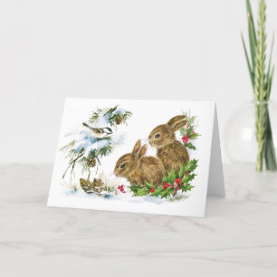 Cartes Pour Fêtes Annuelles Lapin et oiseaux Retro Noël d'hiver