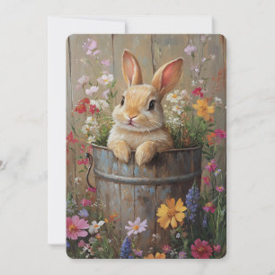 Cartes Pour Fêtes Annuelles Lapin Floral Printanier Vintage dans un Seau Rusti