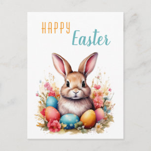 Cartes Pour Fêtes Annuelles Lapin Mignon Œufs Colorés Fleurs Joyeuses Pâques