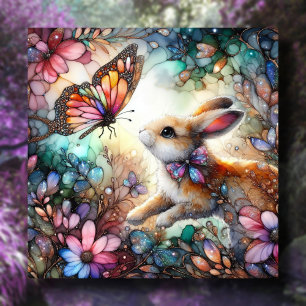 Cartes Pour Fêtes Annuelles Lapin mignon poursuivant Papillon Vitrail de Pâque