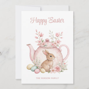 Cartes Pour Fêtes Annuelles Lapin personnalisé et théière florale rose Joyeuse
