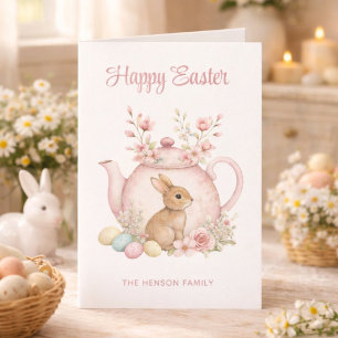 Cartes Pour Fêtes Annuelles Lapin personnalisé et théière florale rose Joyeuse
