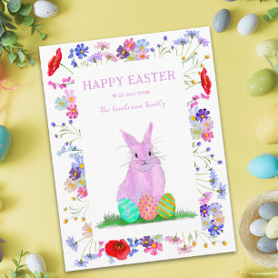 Cartes Pour Fêtes Annuelles Lapin rose et Oeufs Boho Floral Pâques