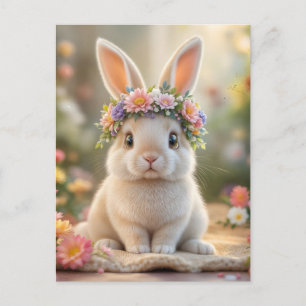 Cartes Pour Fêtes Annuelles Lapin super mignon avec une couronne de fleurs sur