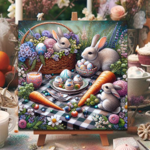 Cartes Pour Fêtes Annuelles Lapin Whimsical Pâques Pique-nique Rose Fleurs pou