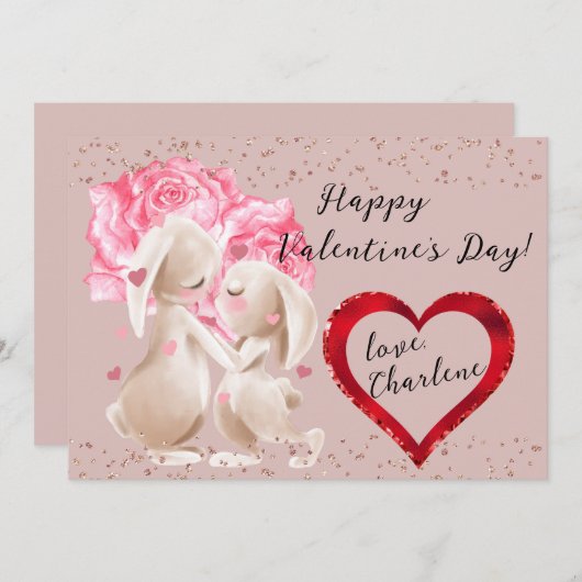 Cartes Pour Fêtes Annuelles Lapins Amoureux Rouge Coeur Saint Valentin (Devant / Derrière)