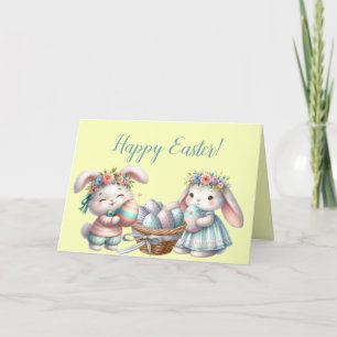 Cartes Pour Fêtes Annuelles Lapins de Pâques garçon et fille avec des œufs