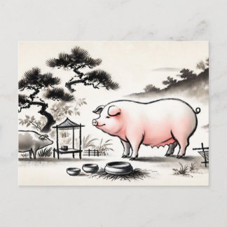Cartes Pour Fêtes Annuelles L'art à l'encre du Cochon de Contenu dans un Enclo