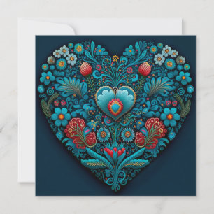 Cartes Pour Fêtes Annuelles L'art populaire ukrainien - Coeur inspiré en bleu