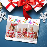 Cartes Pour Fêtes Annuelles Laughing All Way Rainbow 3 Christmas Photo<br><div class="desc">Magnifique,  coloré 3 photo carte postale de Noël avec Laughing All the Way en joli arc-en-ciel écriture cursive. Personnalisez avec vos trois photos de famille verticales préférées de vos enfants souriants au-dessus de votre nom ou salutation personnalisée en rouge. Cartes postales de vacances amusantes et joyeuses.</div>