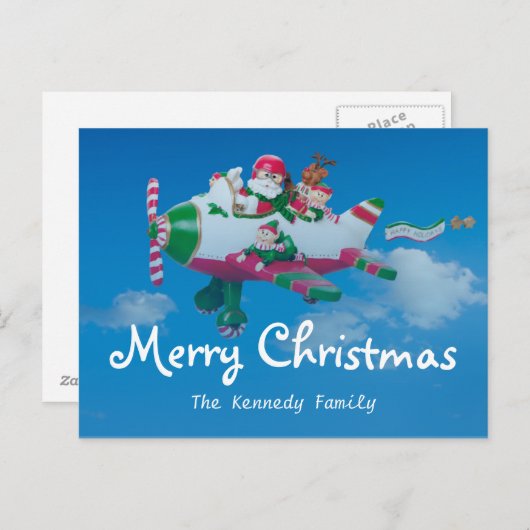 Cartes Pour Fêtes Annuelles Le Père Noël avec des elfes dans l'avion (Devant / Derrière)