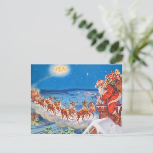 Cartes Pour Fêtes Annuelles Le père noël et son renne puissant (Debout devant)