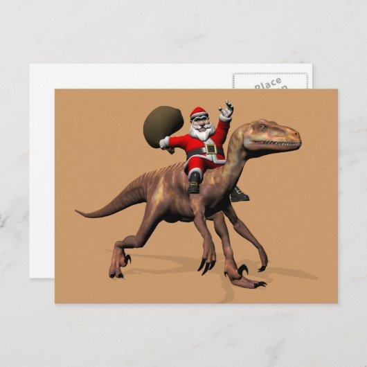 Cartes Pour Fêtes Annuelles Le Père Noël Se Trouve Sur Deinonychus (Devant / Derrière)