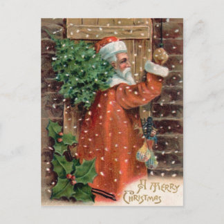 Cartes Pour Fêtes Annuelles Le père noël vintage dans la robe longue orange -