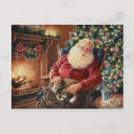 Cartes Pour Fêtes Annuelles Le Père Noël vintage Dormait Avec Le Chat<br><div class="desc">Père Noël vintage couché avec l'illustration du chat.</div>