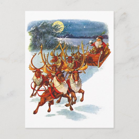 Cartes Pour Fêtes Annuelles Le Père Noël Volant Avec Son Reindeer Drapeau Guid (Devant)
