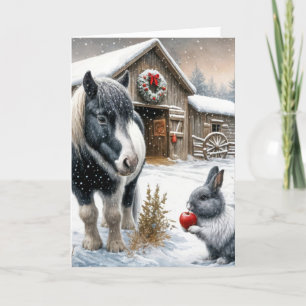 Cartes Pour Fêtes Annuelles Le poney de Noël et le lapin dans une ferme