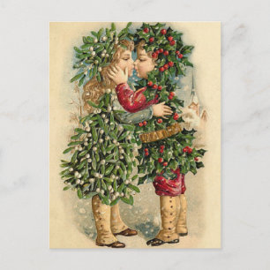 Cartes Pour Fêtes Annuelles Le Vieux Fashion Holly Kids Kissing