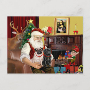 Cartes Pour Fêtes Annuelles Les 2 Pugs de Santa (fauve et noir)