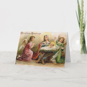Cartes Pour Fêtes Annuelles Les anges avec le bébé Jésus dans le Manger Vintag