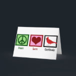 Cartes Pour Fêtes Annuelles Les cardinaux de l'amour pour la paix<br><div class="desc">Un joli cadeau cardinal avec un signe de paix,  un coeur et un bel oiseau rouge. Un joli cadeau d'oiseaux pour un observateur d'oiseaux qui aime observer les oiseaux magnifiques et collectionner les cadeaux d'oiseaux cool. Peace Love Cardinals.</div>