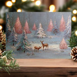 Cartes Pour Fêtes Annuelles Les Cerfs Vintages dans la forêt de neige Les arbr<br><div class="desc">Carte De Vacances Des Cerfs Vintages En Forêt De Neige Pink Christmas Trees. Ce design présente des cerfs vintages dans les bois enneigés entourés de sapins roses. Quelle belle scène de vacances rétro. Personnalisez ce design personnalisé avec votre propre salutation intérieure.</div>