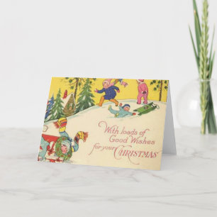 Cartes Pour Fêtes Annuelles Les enfants descendent en traîneau à neige - aspec
