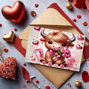 Cartes Pour Fêtes Annuelles Les fleurs romantiques Vache de haute-terre Saint-