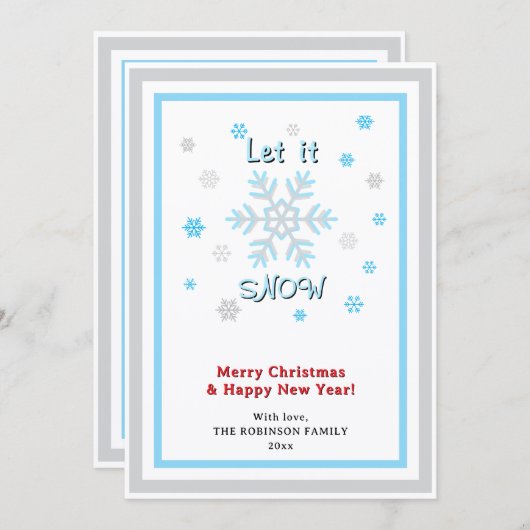 Cartes Pour Fêtes Annuelles Let It Snow Gray Blue Snowflakes Red INSERT PHOTO (Devant / Derrière)
