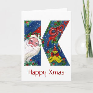 CARTES POUR FÊTES ANNUELLES LETTRE K / SANTA CLAUS AVEC MONOGRAMME ROUGE RIBBO