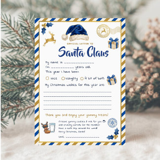 Cartes Pour Fêtes Annuelles Lettre officielle au Père Noël | Enfants Blue Gold