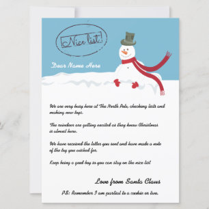 Cartes Pour Fêtes Annuelles Lettre Snowman De Père Noël Personnalisée