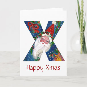 CARTES POUR FÊTES ANNUELLES LETTRE X / SANTA CLAUS AVEC MONOGRAMME ROUGE RIBBO