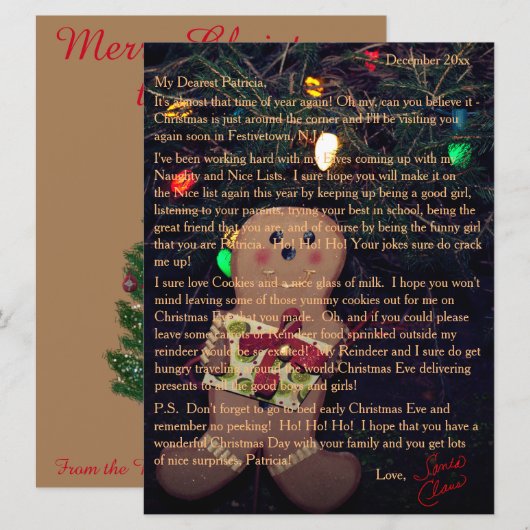 Cartes Pour Fêtes Annuelles Lettres de Père Noël Gingerbread Man (Devant / Derrière)