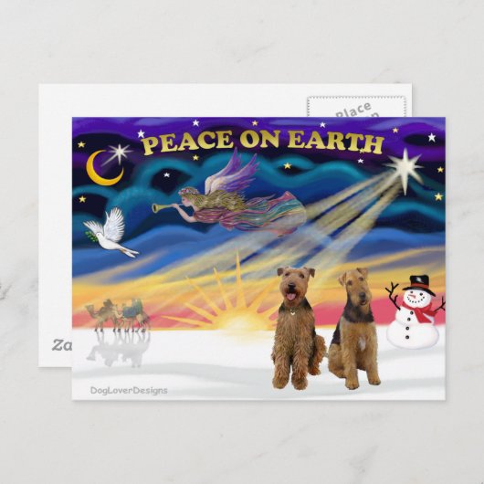 Cartes Pour Fêtes Annuelles Lever de soleil de Noël - Deux Airedales (Devant / Derrière)