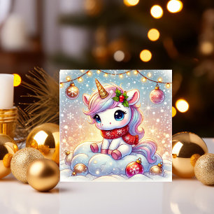 Cartes Pour Fêtes Annuelles Licorne assise sur un nuage avec ornement de Noël