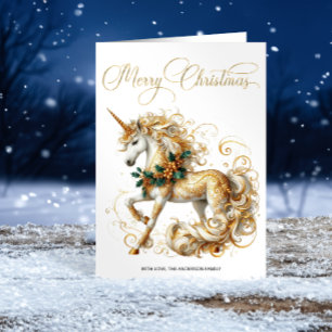 Cartes Pour Fêtes Annuelles Licorne de Noël élégante blanche et or