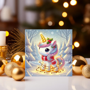 Cartes Pour Fêtes Annuelles Licorne enveloppée de lumières de Noël dorées