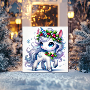 Cartes Pour Fêtes Annuelles Licorne Flocon de Neige avec Détails Bleus Glacés