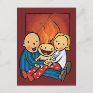 Cartes Pour Fêtes Annuelles Lieu de vacances : Famille devant la cheminée