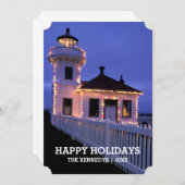 Cartes Pour Fêtes Annuelles Lighthouse at night with Christmas Lights (Devant / Derrière)