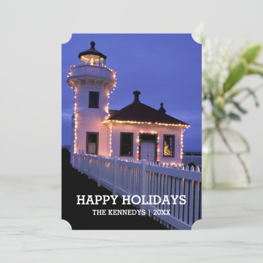 Cartes Pour Fêtes Annuelles Lighthouse at night with Christmas Lights (Debout devant)