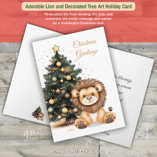 Cartes Pour Fêtes Annuelles Lion adorable et arbre décoré Art