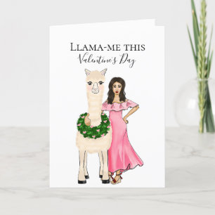 Cartes Pour Fêtes Annuelles Llama avec Couronne de Cœurs et Illustration Fémin