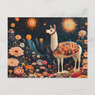 Cartes Pour Fêtes Annuelles Llama lunaire dans un paysage floral étoilé