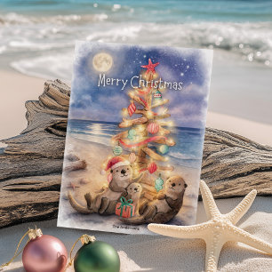 Cartes Pour Fêtes Annuelles Loutre de mer Bois flotté Arbre Plage Noël