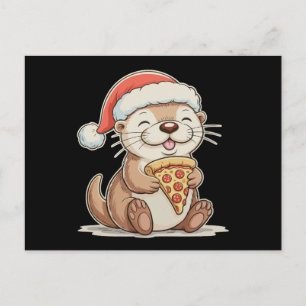Cartes Pour Fêtes Annuelles Loutre mignonne de Noël mangeant une pizza chapeau