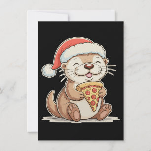 Cartes Pour Fêtes Annuelles Loutre mignonne de Noël mangeant une pizza Chapeau