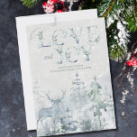 Cartes Pour Fêtes Annuelles Love and Joy Snowy Winter Forest and Stag Happy<br><div class="desc">Carte de noël d'Amour et de Joie personnalisée avec forêt d'hiver enneigée et cerf dans les tons doux de bleu et vert. Le texte dit "vous souhaiter amour et joie" et vous pouvez personnaliser le texte restant. Design d'aquarelle subtil et élégant avec typographie décorative.</div>