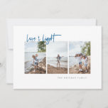 Cartes Pour Fêtes Annuelles Love and Light Modern Minimalist Hanukkah Photo<br><div class="desc">Modern minimalist typography design "Love & Light" Hanukkah photo card. Features,  three vertical photo spaces,  blue "Love & Light" script and coordinating blue color backing. Template text lines for family name on front,  message and names on back.</div>